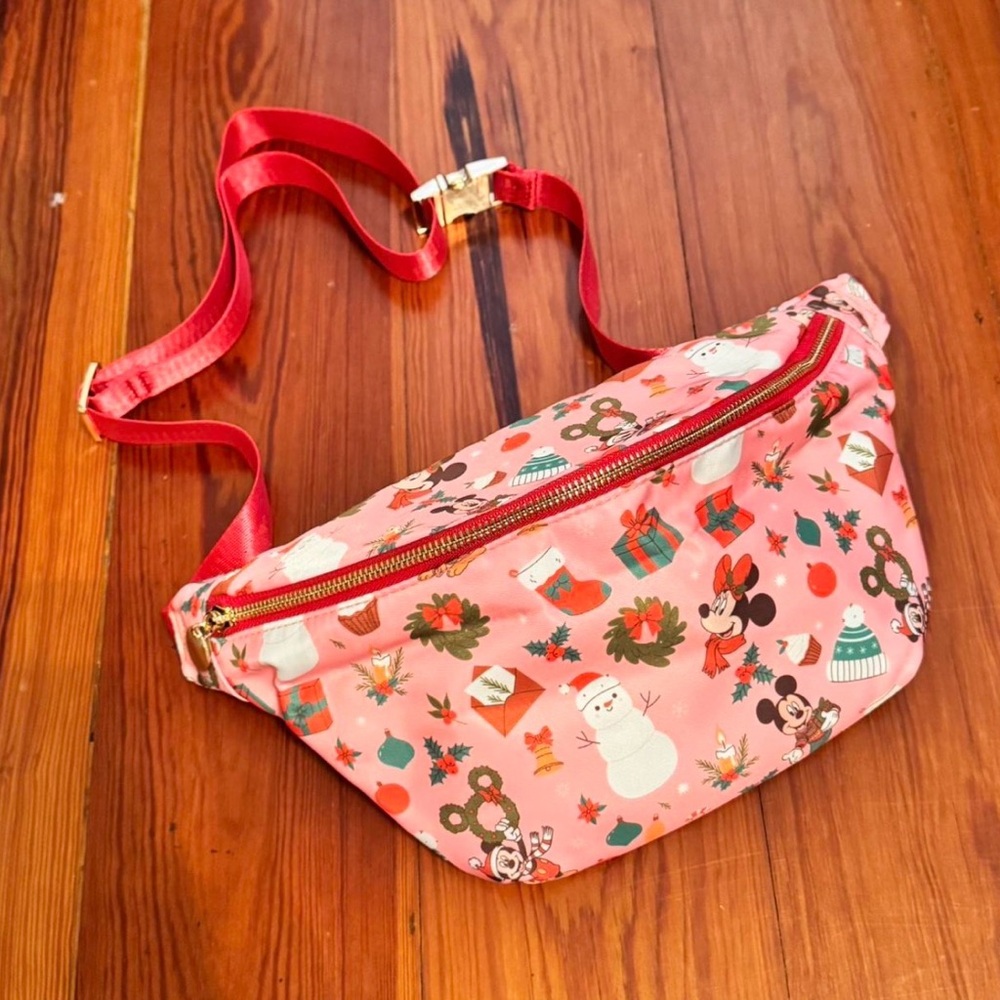 Disney Pink Holiday Print Fanny Crossbody Belt Bag with Red Strap